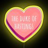 RGB neon sign featuring The Duke of Hastings in yellow, reminiscent of a 1980s TV series logo.