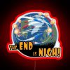 Neon sign with apocalyptic warning message, dark and ominous atmosphere.