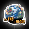 A dystopian cityscape with a neon sign reading 'The End is Nigh'