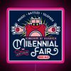 Neon pink fair sign in a vibrant city atmosphere.