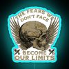 Neon sign with the words 'The Fears We Don't Face Become Our Limits' written in blue letters.