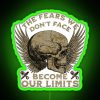 Neon sign with bold, green lettering highlighting the phrase 'The fears we don't face become our limits' in a futuristic a...
