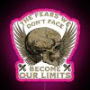 Neon sign with pink letters reading 'The fears we don't face become our limits'