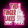 Neon sign advertising wine tours in front of a Finger Lakes winery with pink and purple hues.
