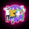 Neon pink sign featuring a cartoon illustration of a laughing group of friends.