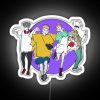 Colorful neon sign featuring a humorous squad with bold, white characters on a dark background.