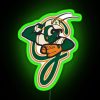 A vibrant neon sign featuring an iconic grasshopper design in green.