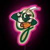Colorful neon sign featuring a grasshopper icon in pink and green hues.