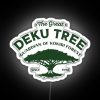 Vibrant neon sign reflecting off the surface of The Great Deku Tree's glowing roots at night.