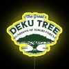Neon sign with RGB color scheme in front of The Great Deku Tree from The Legend of Zelda series.