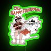 Neon sign with a happy fisherman illustration in green.