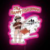 A happy fisherman with neon sign in the background.