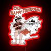 Neon sign of a smiling fisherman in a bright red color scheme.