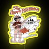 Colorful neon sign depicting a smiling fisherman, symbolizing good fortune in fishing.