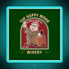 Neon sign with 'The Happy Monk Winery' logo in vibrant blue letters on a dark background.