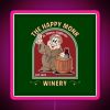 Neon sign with bright pink letters reading "The Happy Monk Winery" in a modern, stylized font against a dark background.