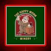 Neon sign in front of The Happy Monk Winery with bright red letters.