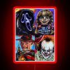 Neon sign with colorful horror-themed graphics, emphasizing the impact of modern horror on popular culture.