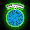 IT Service Desk wheel of answers neon sign with green accents, conveying fast solutions to technical problems.