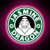 Neon pink sign featuring a stylized jasmine dragon design.