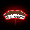 Comedian Jeff Foxworthy's bright neon name sign in bold red letters against a dark background.