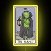 Neon sign with colorful Tarot card design, inspired by Kermit the Frog.