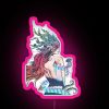 Neon pink sign reading 'The Last Mermaid' in bold, futuristic letters.
