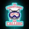 Funny neon sign of a cat skiing on a mountain range