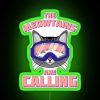 Feline skier atop colorful neon mountain sign