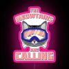 A neon sign featuring a cartoon cat skiing in vibrant colors, with bold typography saying "The Meowtains are Calling".