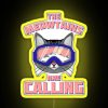 A cartoon cat dressed as a skier, standing in front of a neon sign reading "The Meow-tains are Calling" at night.