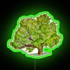 Neon sign with glowing green letters spelling out 'The Mighty Oak'