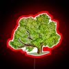 Neon sign of The Mighty Oak with RGB colors, lit up at night in red