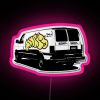 Neon pink sign featuring Montro Van Stikr's RGB logo in vibrant colors.