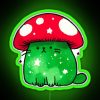 Neon sign featuring an RGB-colored mushroom cat design in a green background.