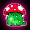 Neon pink mushroom cat logo on a colorful RGB LED sign
