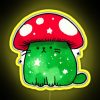 Neon sign with RGB color scheme featuring a stylized mushroom and cat illustration.