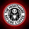 Vibrant neon coffee shop sign at night with a dreamlike quality.