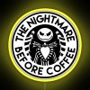 Neon sign advertising "The Nightmare Before Coffee" with vibrant, colorful graphics.