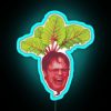Dwight Schrute from The Office holds up a beet in front of an RGB neon sign.