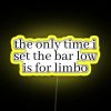 Limbo neon sign with low bar set for limbo game.