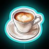 Neon sign reading 'The Perfect Latte' in bold blue letters on a dark background.