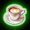 Neon sign reading 'The Perfect Latte' with green letters on a dark background.