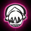 Neon pink glow of a face with running or fleeing expression, set against a dark background.