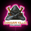 Neon pink sign reading The Shinigami Killer in bold, futuristic font.