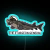 The neon sign reading 'The Sturgeon General' in blue
