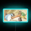 Beatrix Potter's classic tale 'The Tale of Samuel Whiskers' featuring a roly poly character in a blue neon sign.