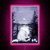 A vibrant neon sign featuring an illustration of a regal toadstool, surrounded by lush greenery, in pink hues.