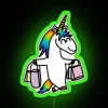 Neon sign reading 'The Unicorn Shopaholic' in bold, colorful letters.
