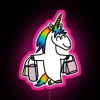 Neon pink sign reading 'The Unicorn Shopaholic' in bold, colorful letters.